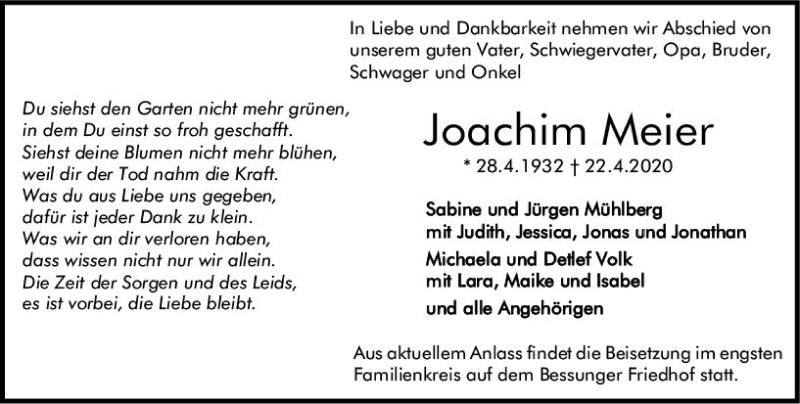 Traueranzeigen Von Joachim Meier Vrm Trauer De