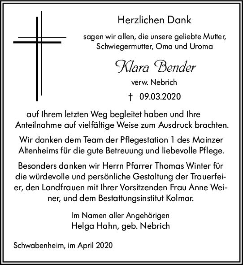 Traueranzeigen Von Klara Bender Vrm Trauer De