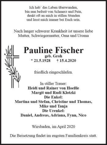 Traueranzeigen Von Pauline Fischer Vrm Trauer De