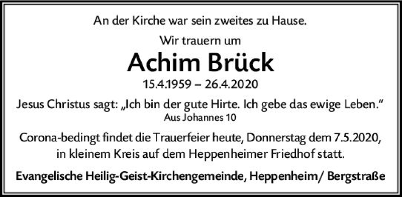 Traueranzeigen von Achim Brück vrm trauer de