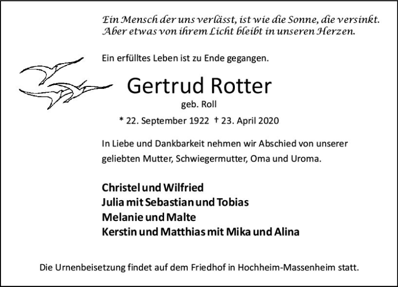 Traueranzeigen Von Gertrud Rotter Vrm Trauer De