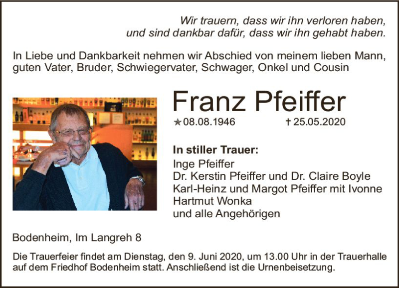 Traueranzeigen Von Franz Pfeiffer Vrm Trauer De