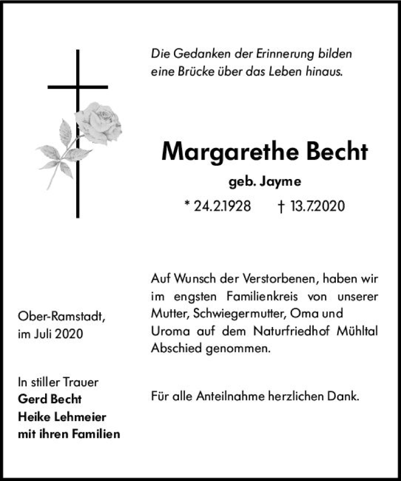 Traueranzeigen Von Margarethe Becht Vrm Trauer De