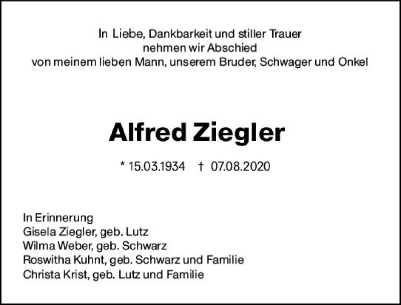 Traueranzeigen Von Alfred Ziegler Vrm Trauer De