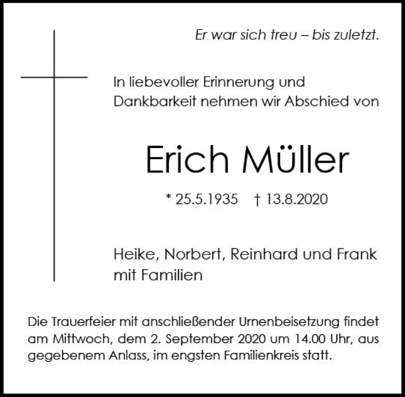 Traueranzeigen Von Erich M Ller Vrm Trauer De