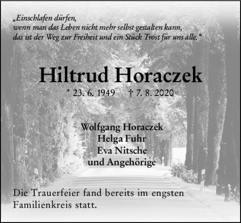 Traueranzeigen Von Hiltrud Horaczek Vrm Trauer De