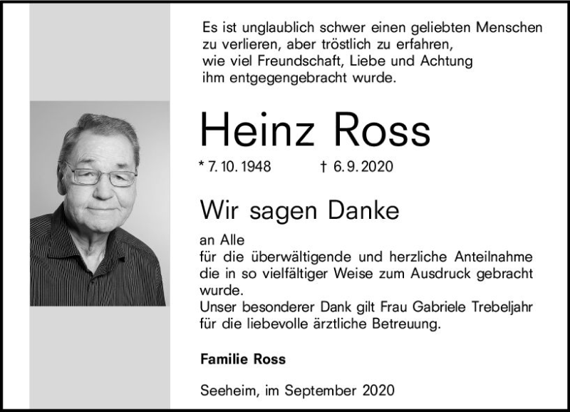 Traueranzeigen Von Heinz Ross Vrm Trauer De