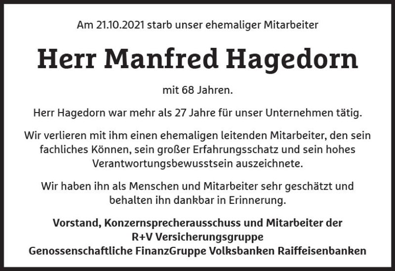 Traueranzeigen Von Manfred Hagedorn Vrm Trauer De