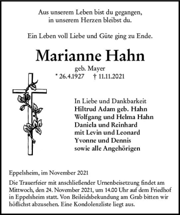 Traueranzeigen Von Marianne Hahn Vrm Trauer De