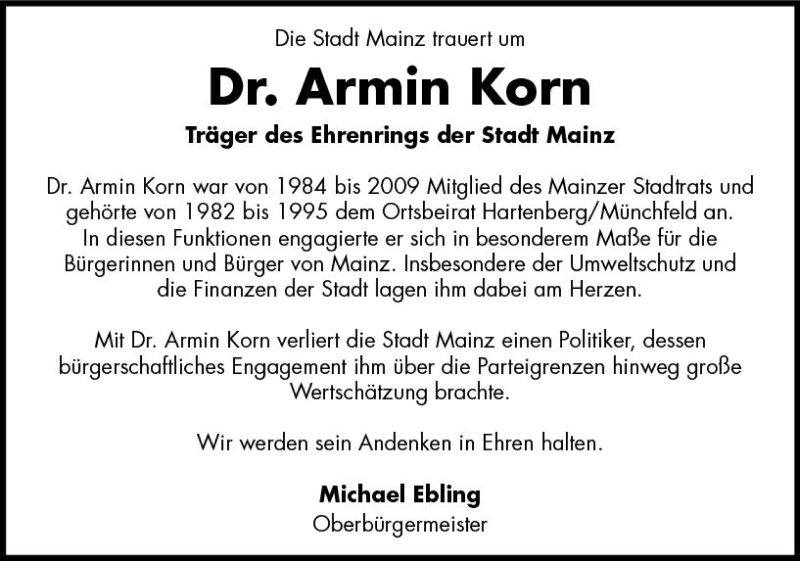 Traueranzeigen Von Armin Korn Vrm Trauer De