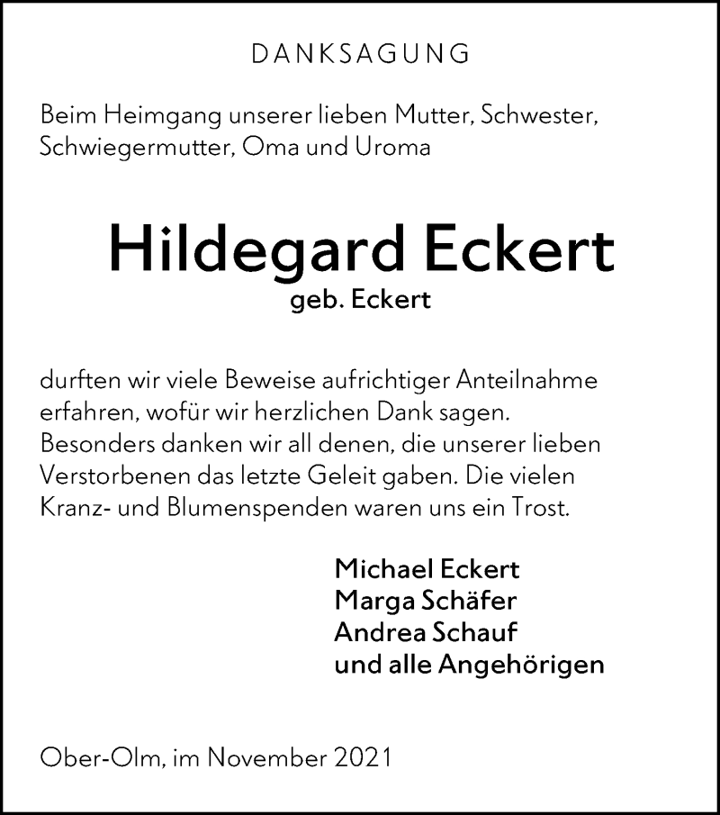 Traueranzeigen Von Hildegard Eckert Vrm Trauer De