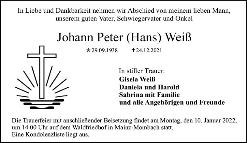 Traueranzeigen von Johann Peter Weiß vrm trauer de