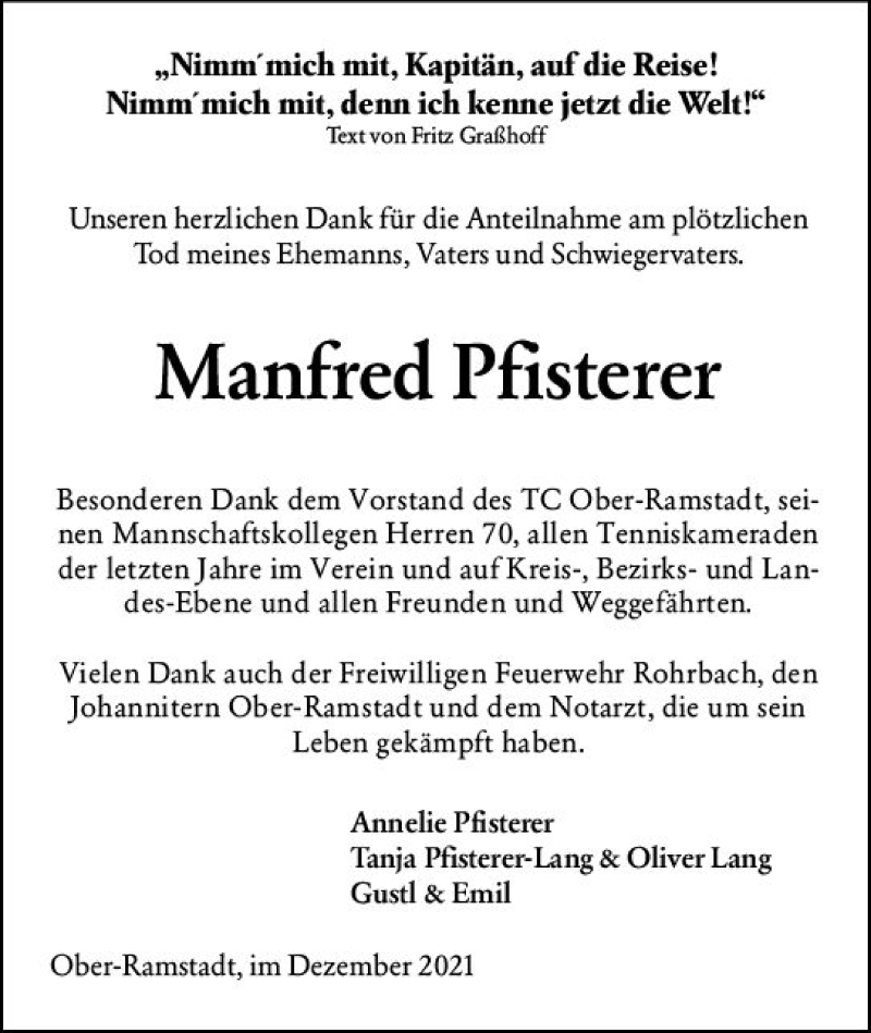 Traueranzeigen Von Manfred Pfisterer Vrm Trauer De