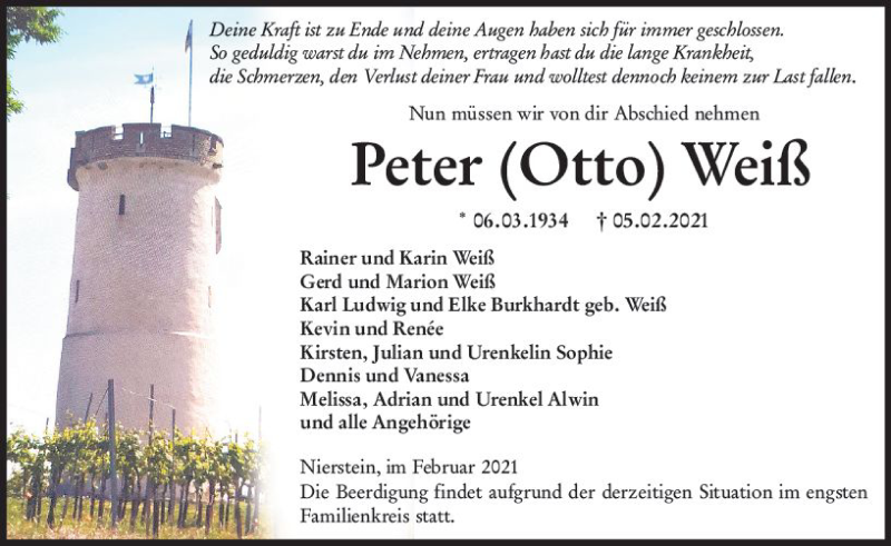 Traueranzeigen Von Peter Wei Vrm Trauer De