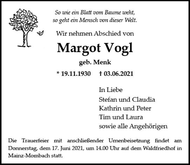 Traueranzeigen Von Margot Vogt Vrm Trauer De