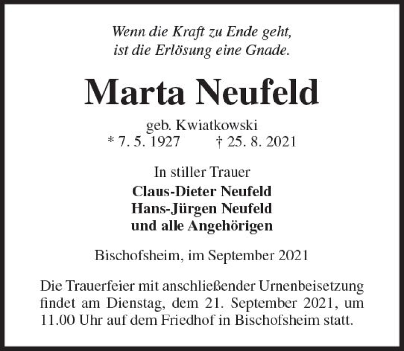 Traueranzeigen Von Marta Neufeld Vrm Trauer De