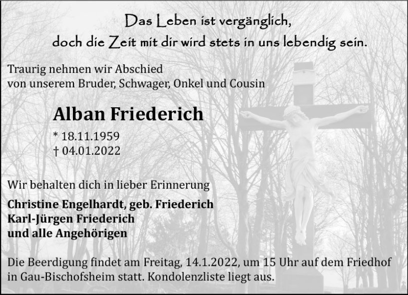 Traueranzeigen Von Alban Friederich Vrm Trauer De