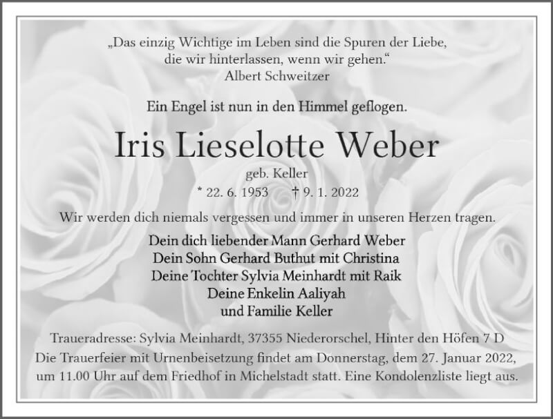 Traueranzeigen Von Iris Lieselotte Weber Vrm Trauer De