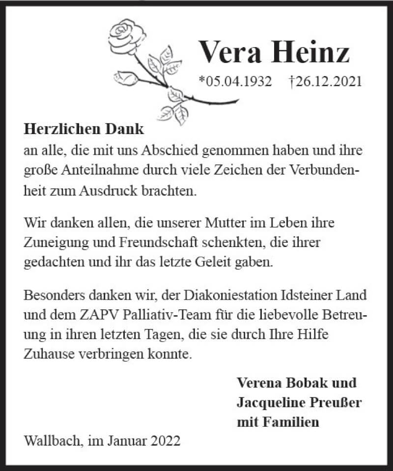 Traueranzeigen Von Vera Heinz Vrm Trauer De