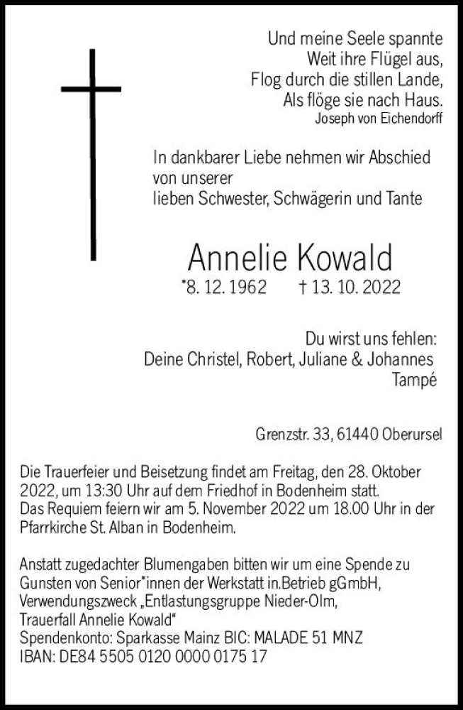 Traueranzeigen Von Annelie Kowald Vrm Trauer De