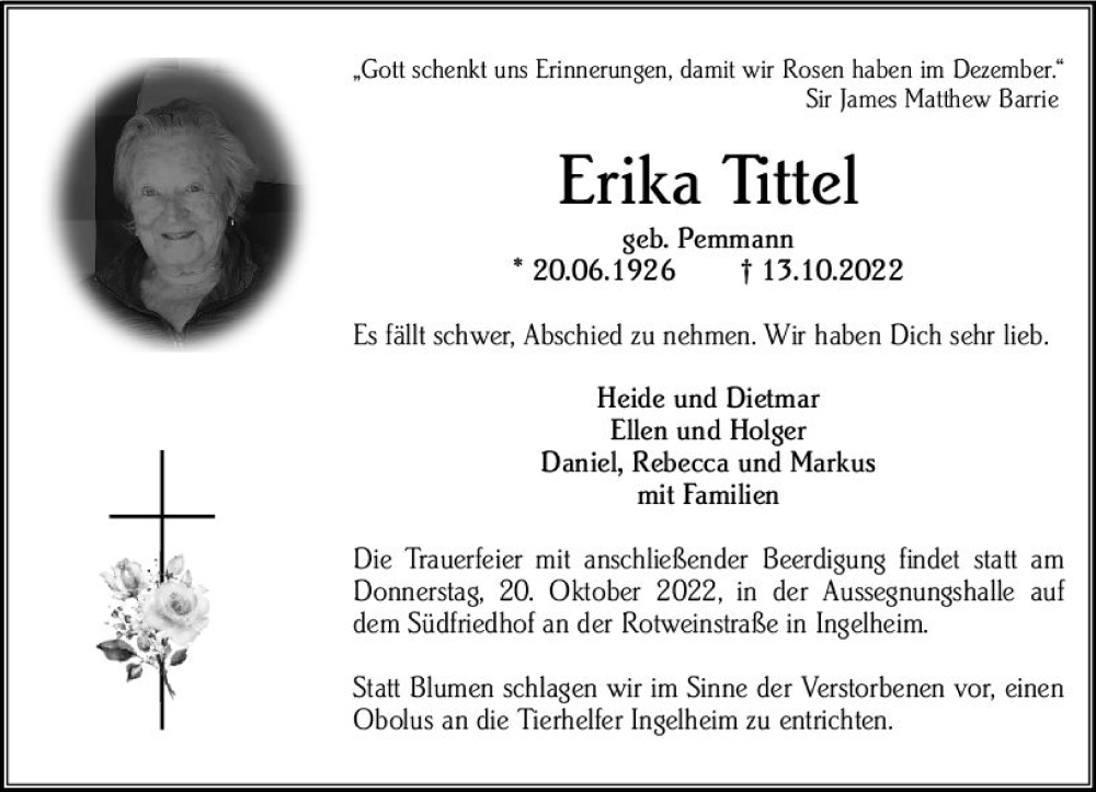 Traueranzeigen Von Erika Tittel Vrm Trauer De