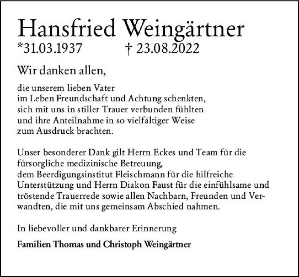 Traueranzeigen von Hansfried Weingärtner vrm trauer de