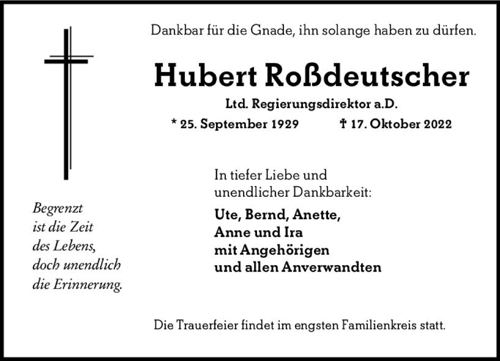 Traueranzeigen Von Hubert Ro Deutscher Vrm Trauer De