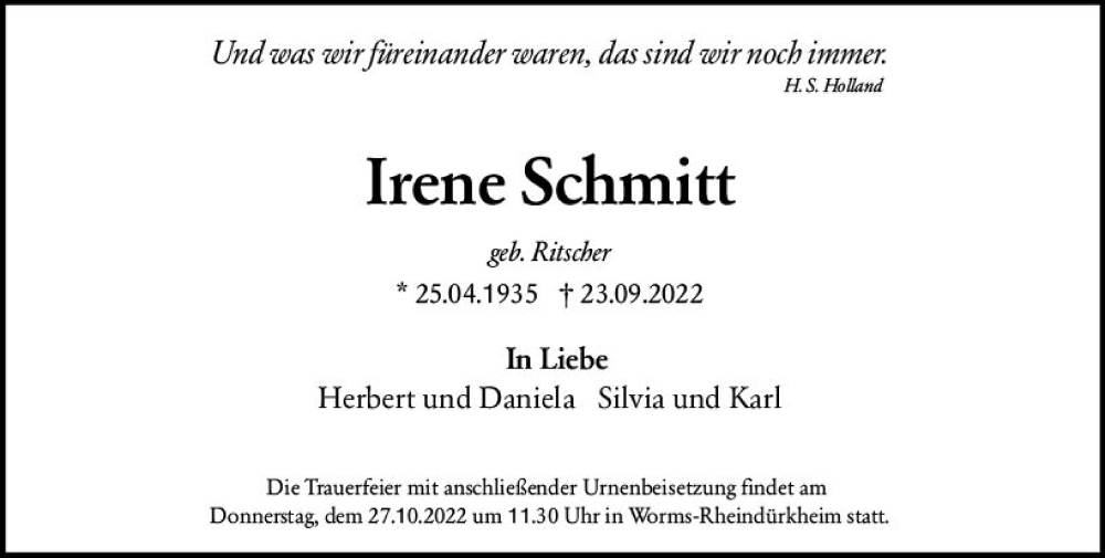 Traueranzeigen Von Irene Schmitt Vrm Trauer De