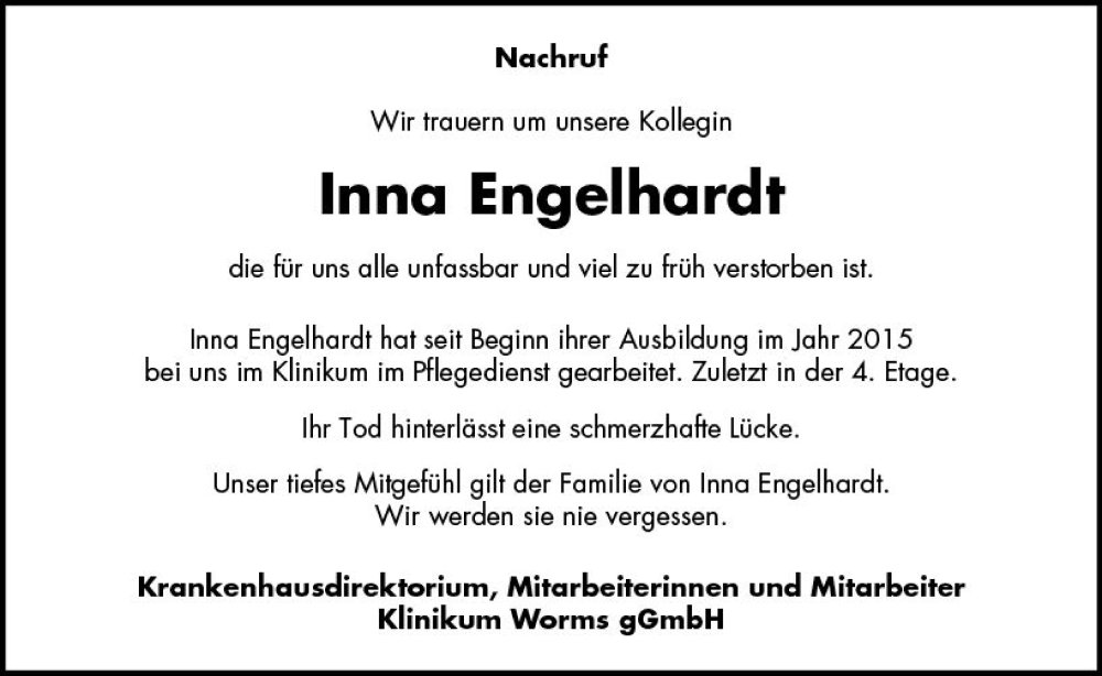 Traueranzeigen Von Irma Engelhardt Vrm Trauer De