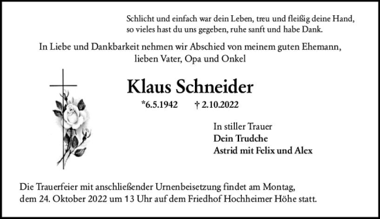 Traueranzeigen Von Klaus Schneider Vrm Trauer De