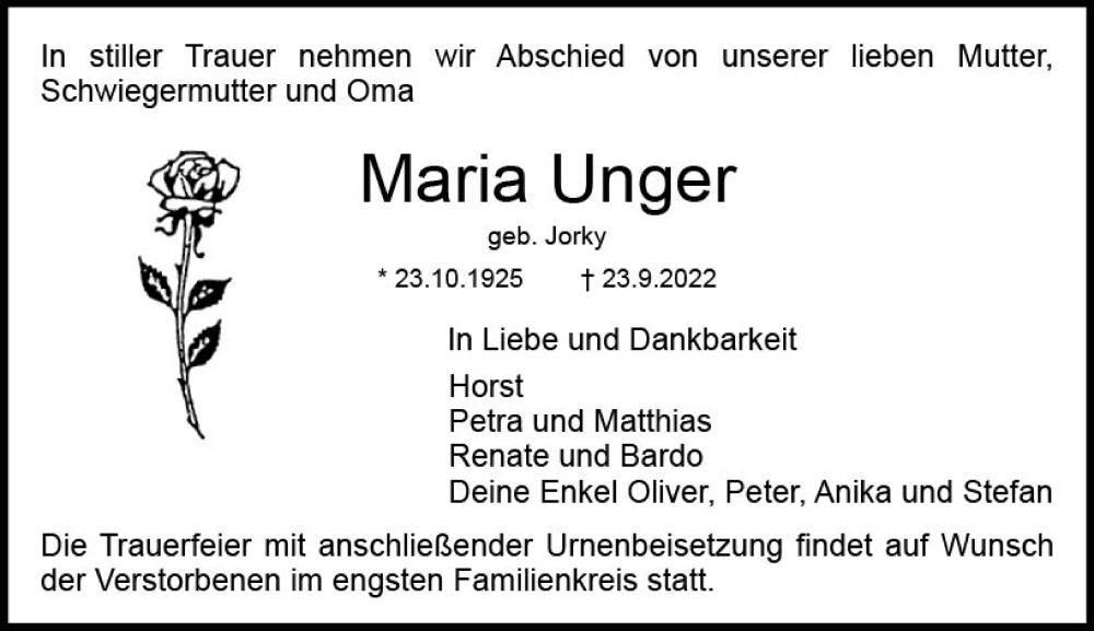 Traueranzeigen Von Maria Unger Vrm Trauer De