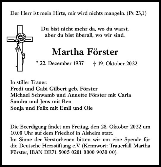 Traueranzeigen Von Martha F Rster Vrm Trauer De