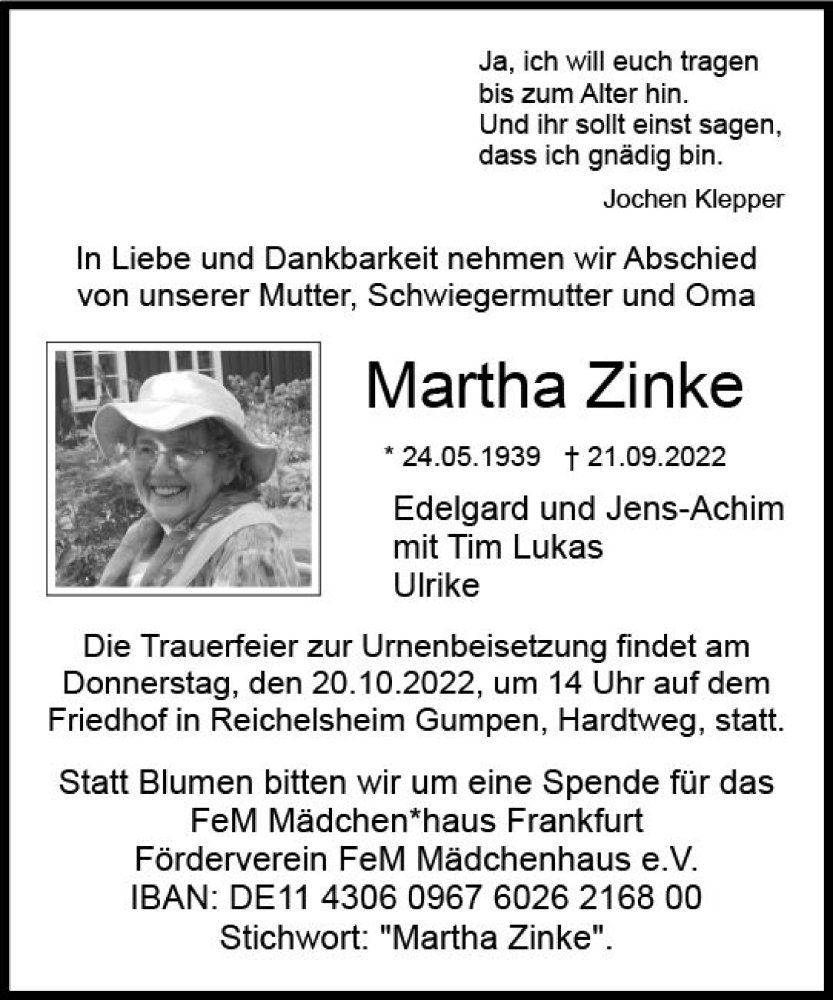 Traueranzeigen Von Martha Zinke Vrm Trauer De