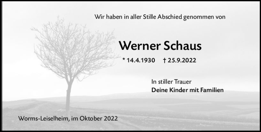 Traueranzeigen Von Werner Schaus Vrm Trauer De