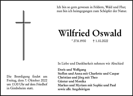 Traueranzeigen Von Wilfried Oswald Vrm Trauer De