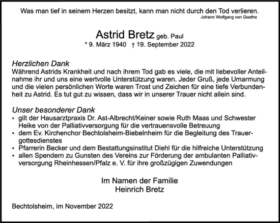 Traueranzeigen Von Astrid Bretz Vrm Trauer De