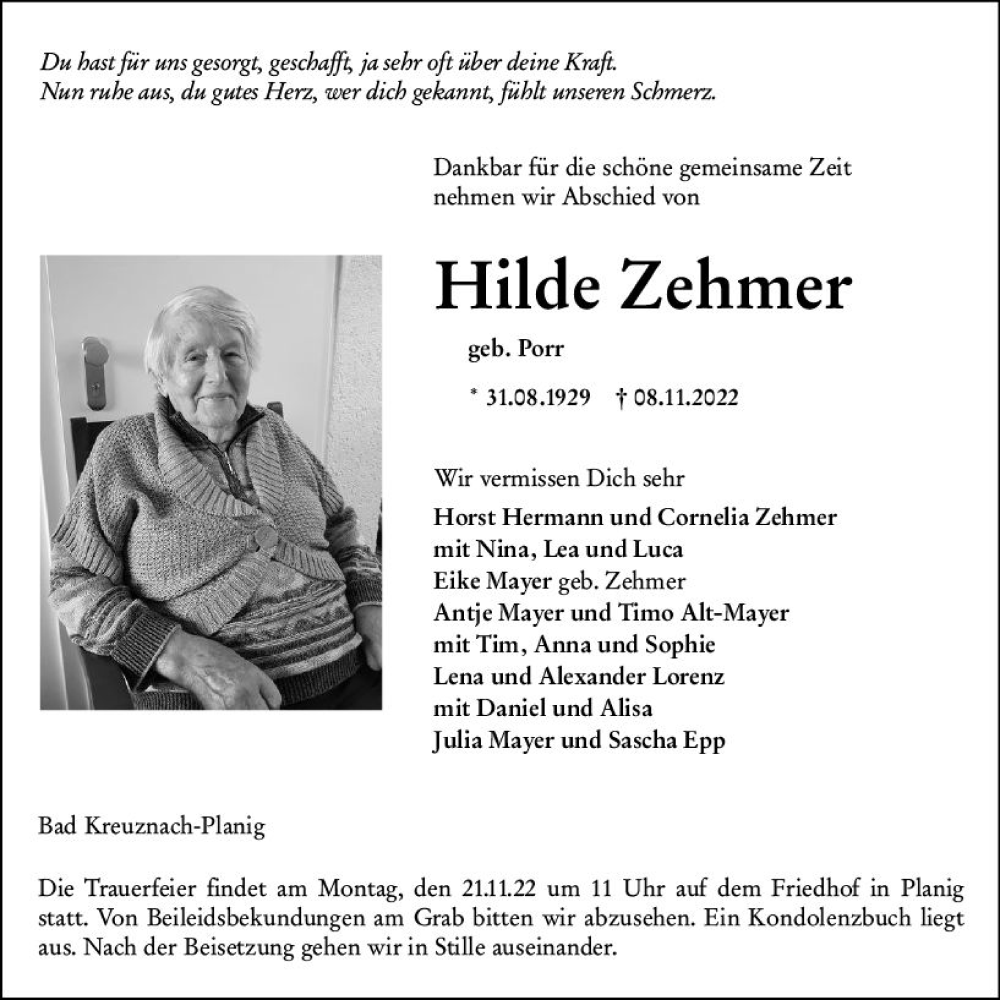 Traueranzeigen Von Hilde Zehmer Vrm Trauer De