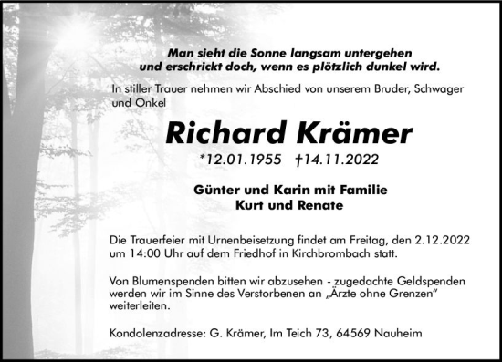 Traueranzeigen Von Richard Kr Mer Vrm Trauer De