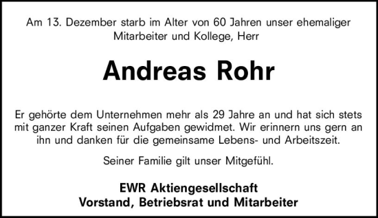 Traueranzeigen Von Andreas Rohr Vrm Trauer De