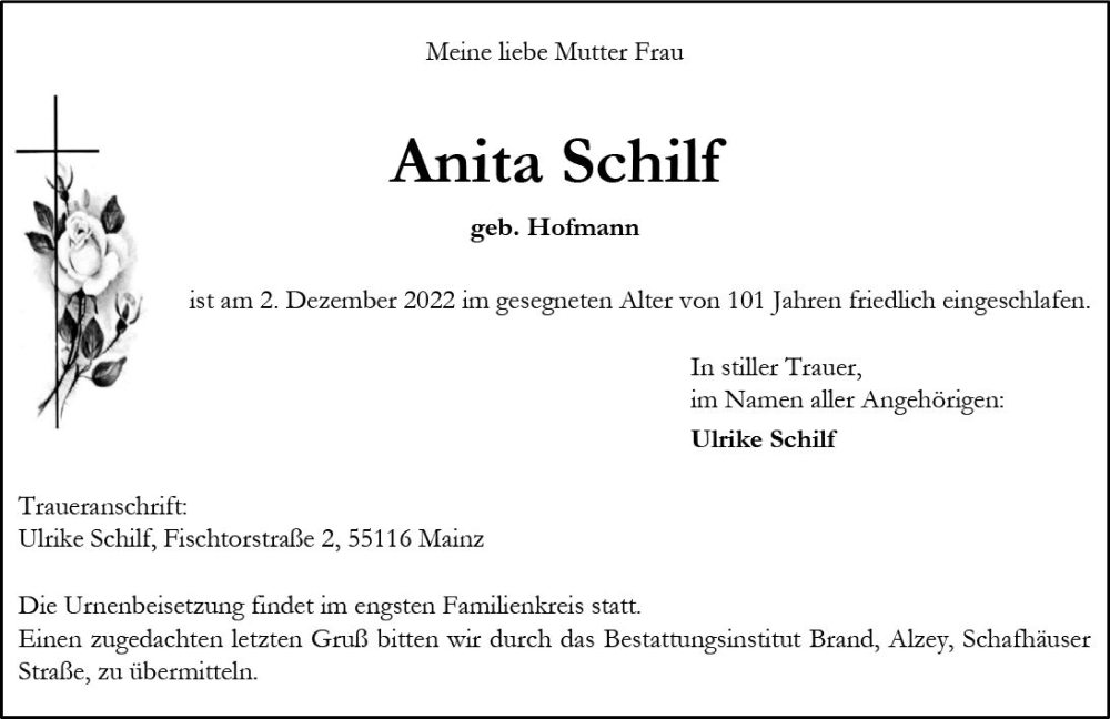 Traueranzeigen Von Anita Schilf Vrm Trauer De