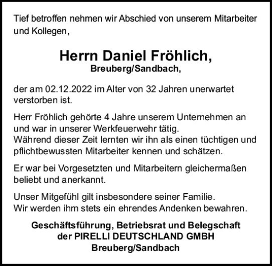 Traueranzeigen Von Daniel Fr Hlich Vrm Trauer De