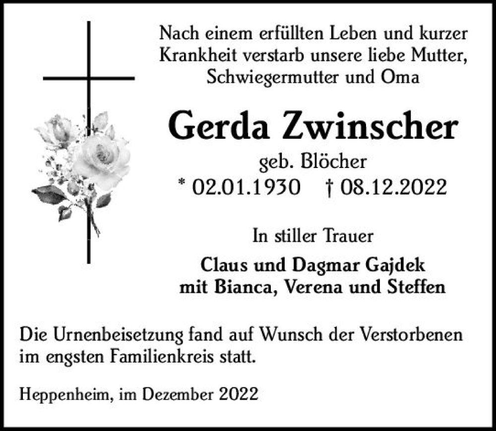 Traueranzeigen Von Gerda Zwinscher Vrm Trauer De