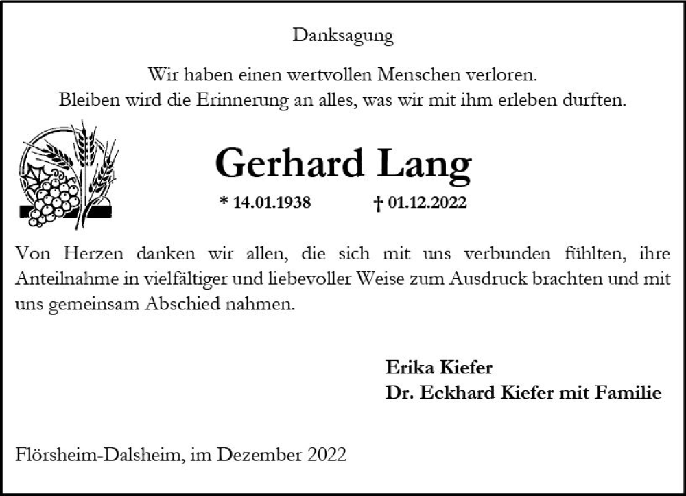 Traueranzeigen Von Gerhard Lang Vrm Trauer De