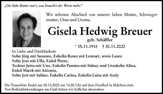 Traueranzeigen Von Gisela Hedwig Breuer Vrm Trauer De