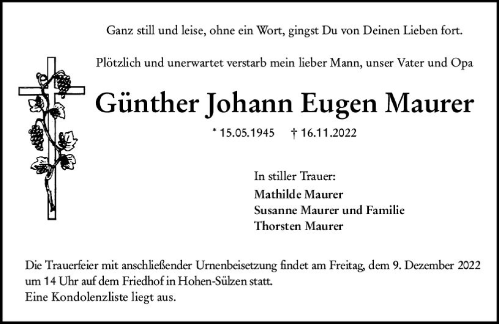 Traueranzeigen Von G Nther Johann Eugen Maurer Vrm Trauer De