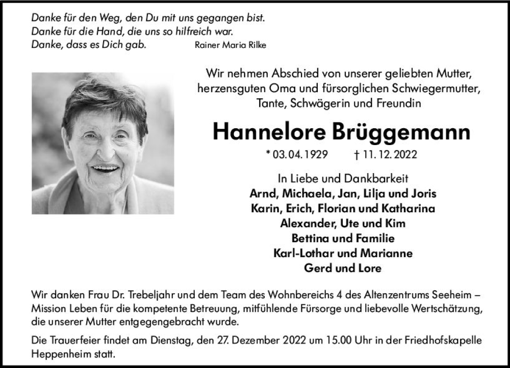 Traueranzeigen von Hannelore Brüggemann vrm trauer de