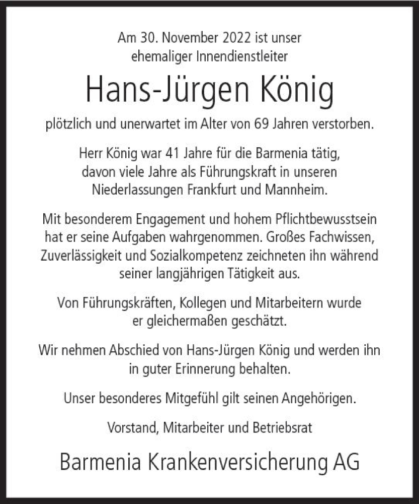 Traueranzeigen von Hans Jürgen König vrm trauer de