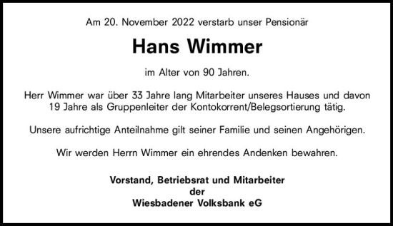 Traueranzeigen Von Hans Wimmer Vrm Trauer De