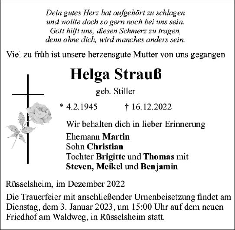 Traueranzeigen Von Helga Strau Vrm Trauer De