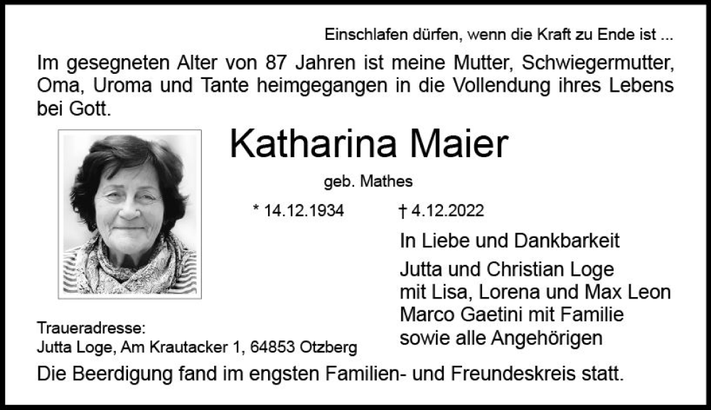 Traueranzeigen Von Katharina Maier Vrm Trauer De